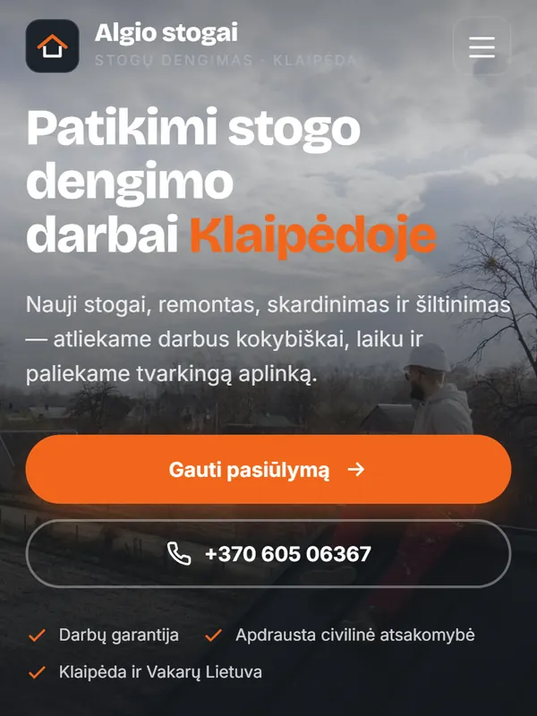 Svetainės „Algio stogai“ pradinis ekranas telefone