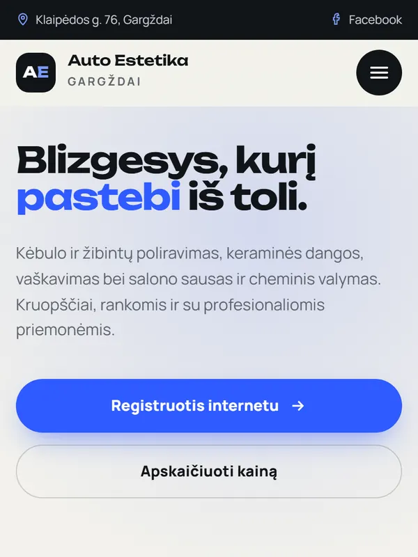 Svetainės „Auto Estetika“ pradinis ekranas telefone