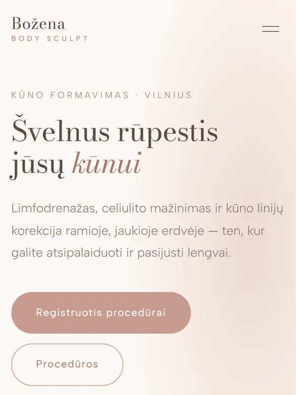Svetainės „Božena Body Sculpt“ pradinis ekranas telefone