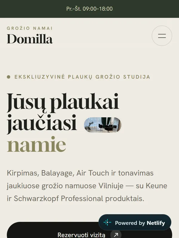 Svetainės „Grožio namai Domilla“ pradinis ekranas telefone