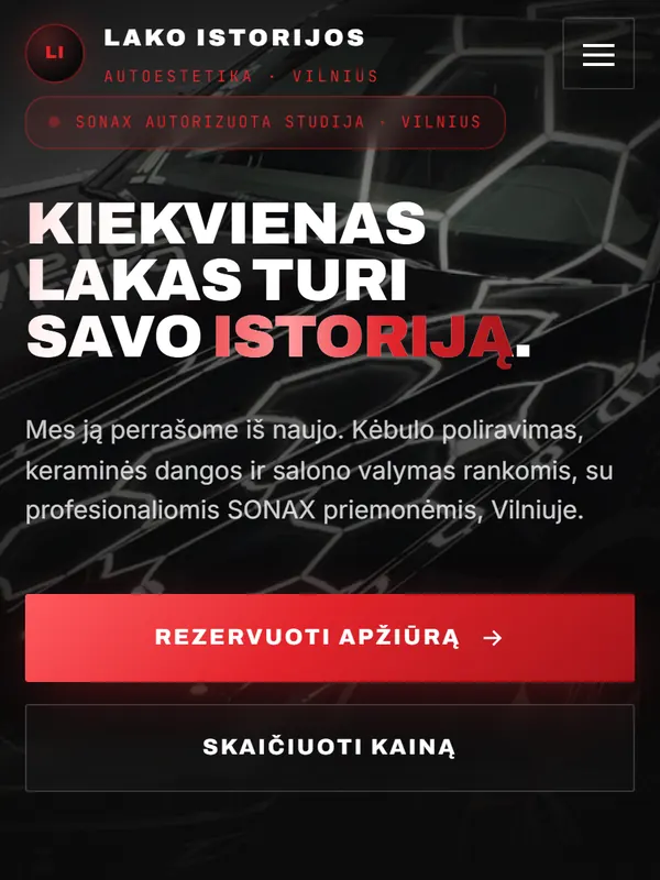 Svetainės „Lako istorijos“ pradinis ekranas telefone