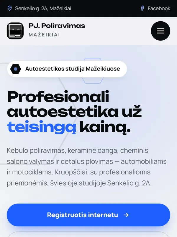 Svetainės „PJ Poliravimas“ pradinis ekranas telefone