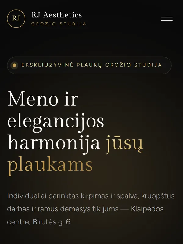 Svetainės „RJ Aesthetics“ pradinis ekranas telefone