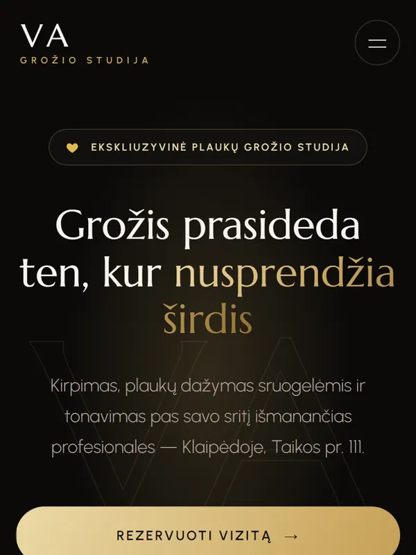 Svetainės „Grožio studija VA“ pradinis ekranas telefone